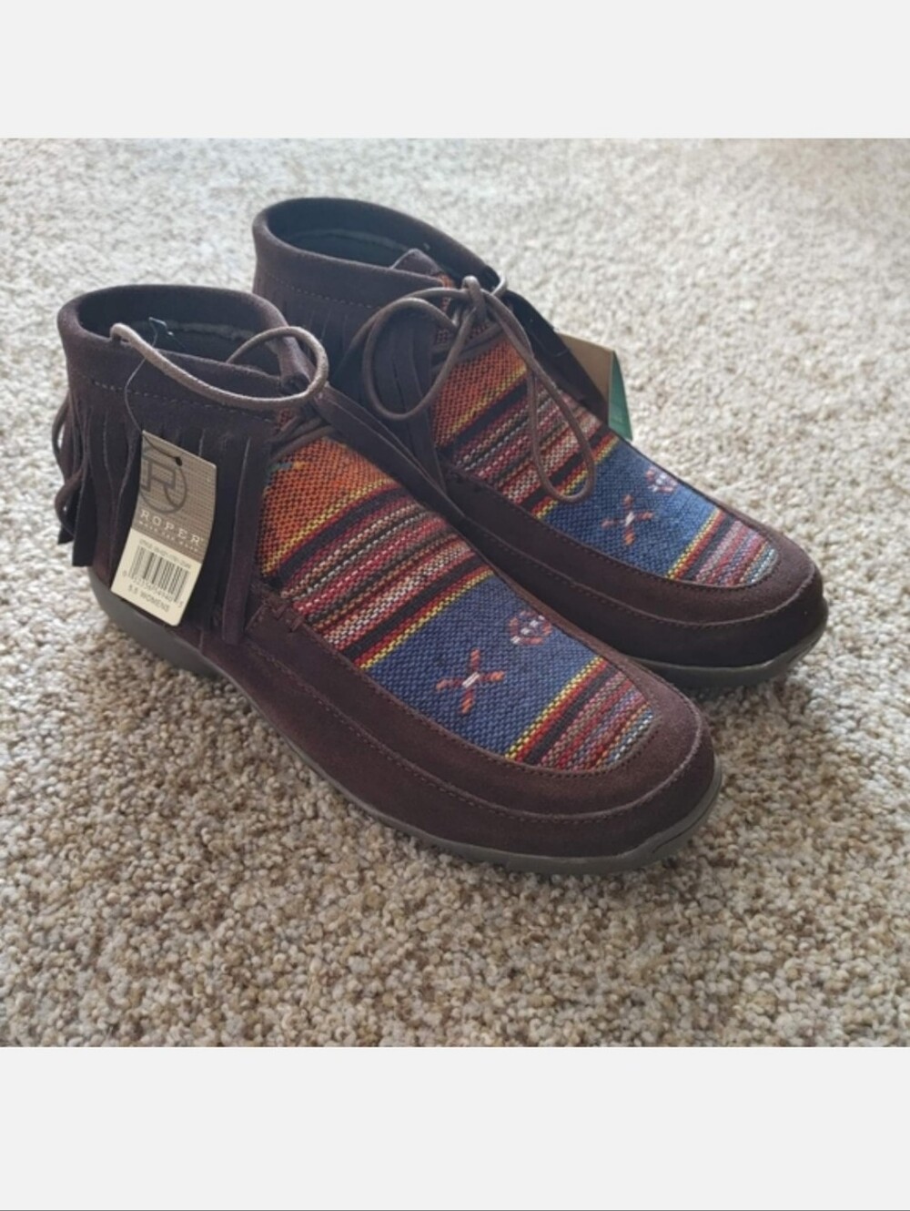 Roper Brown Suede Chukka Moccasin Boots with Multicolor Textile Inset